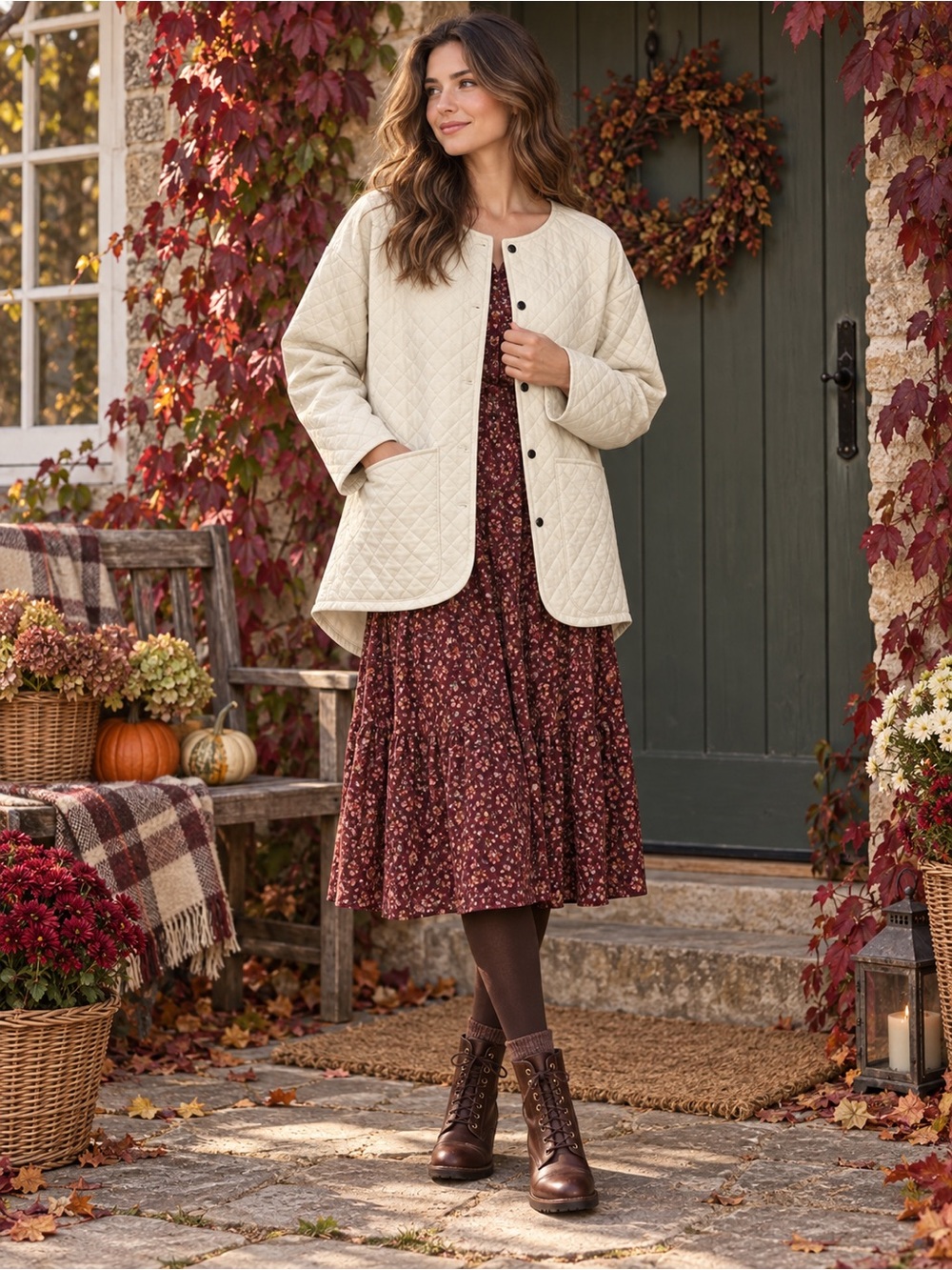 Solitaire Cream Quilted Coat Size XL Cottagecore Fall Winter Collarless Pockets